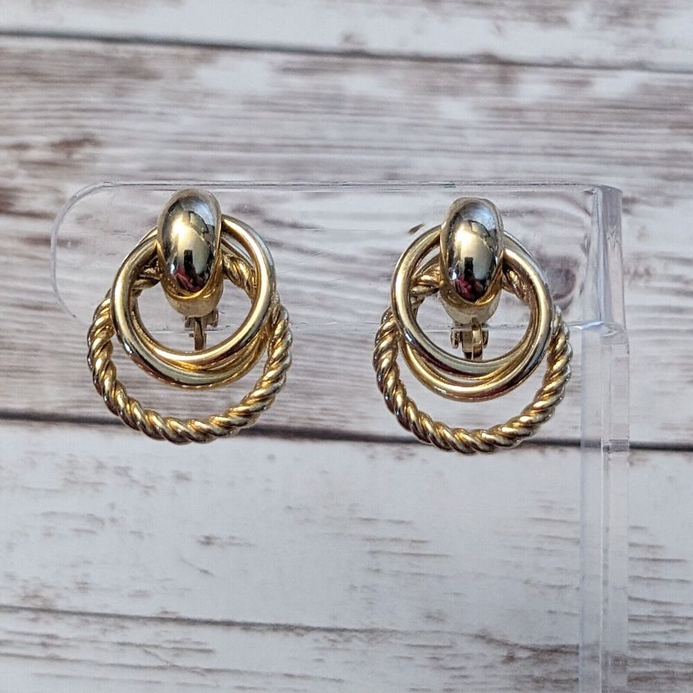 Vintage Clip On Earrings - Statement Gold Tone Circle Design